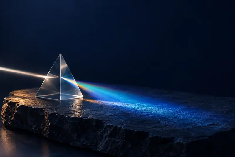 Glazen prisma op een donkere steen dat een lichtstraal breekt in blauwe en koele tinten