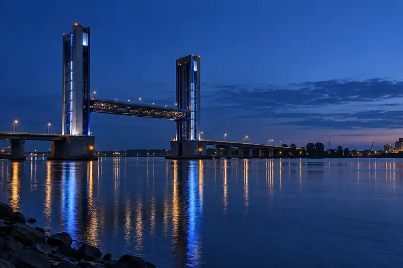 Verlichte hefbrug over een brede rivier op het blauwe uur, met lichtreflecties in het water