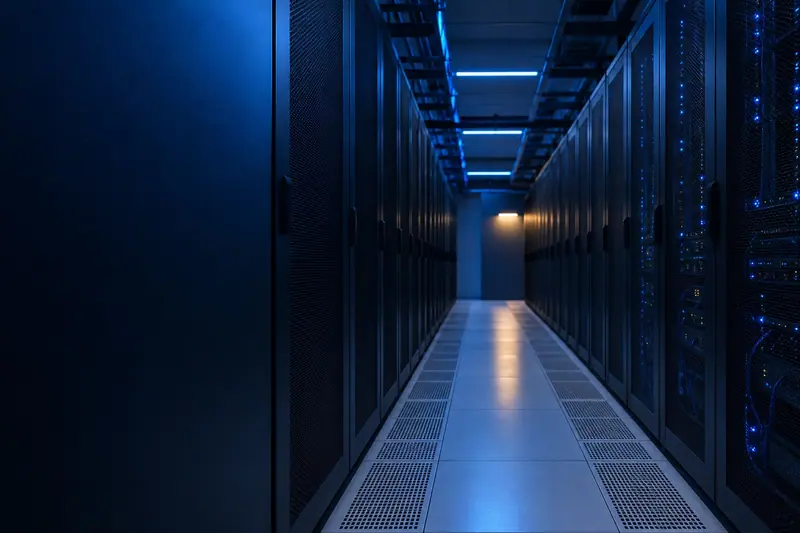 Symmetrical cold aisle in a modern data center with rows of server cabinets and blue lighting
