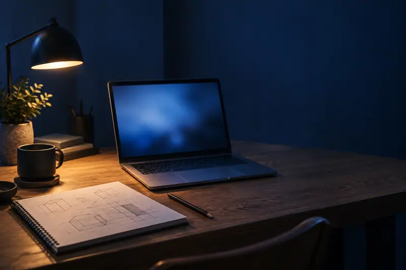 Opengeklapte laptop en een schetsboek met wireframes op een houten werktafel in een stille studio bij avondlicht