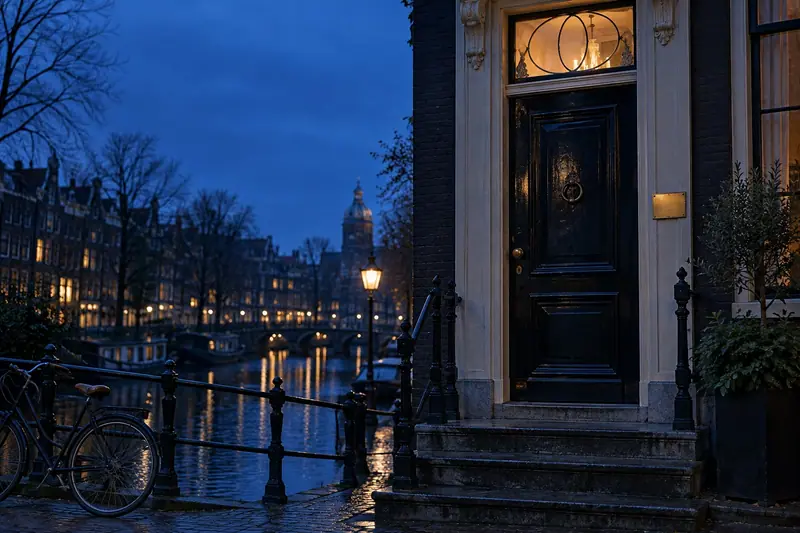Voordeur van een Nederlands grachtenpand op het blauwe uur met een messing naambordje en warm licht achter het bovenlicht