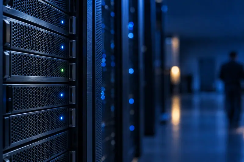 Close-up van de voorkant van een serverrack met blauwe en een groene status-LED in een donker datacenter