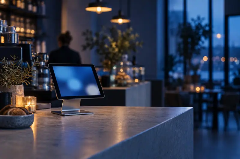 Tablet-kassa op een standaard op de toonbank van een moderne lunchroom met warm licht op de achtergrond