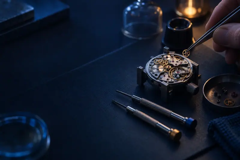 Precisiegereedschap van een horlogemaker naast een open uurwerk op een donkerblauwe werkmat