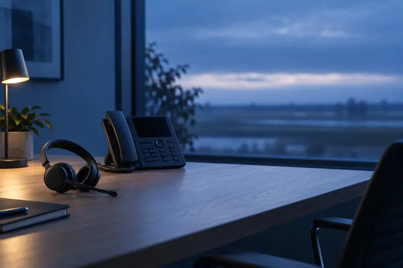 Zakelijke headset en vast toestel op een houten bureau bij een groot raam met uitzicht over vlak land