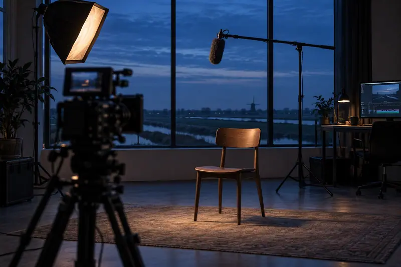 Lege videostudio op het blauwe uur met een filmcamera op statief gericht op een houten stoel, een softbox, een hengelmicrofoon en een montagescherm bij een groot raam over vlak land