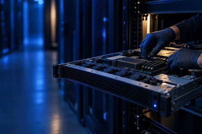 Uitgeschoven server-unit in een rack waaraan handen met handschoenen werken, in blauw licht